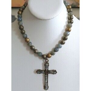 French Kande Rare Labradorite Beaded Cross Necklace